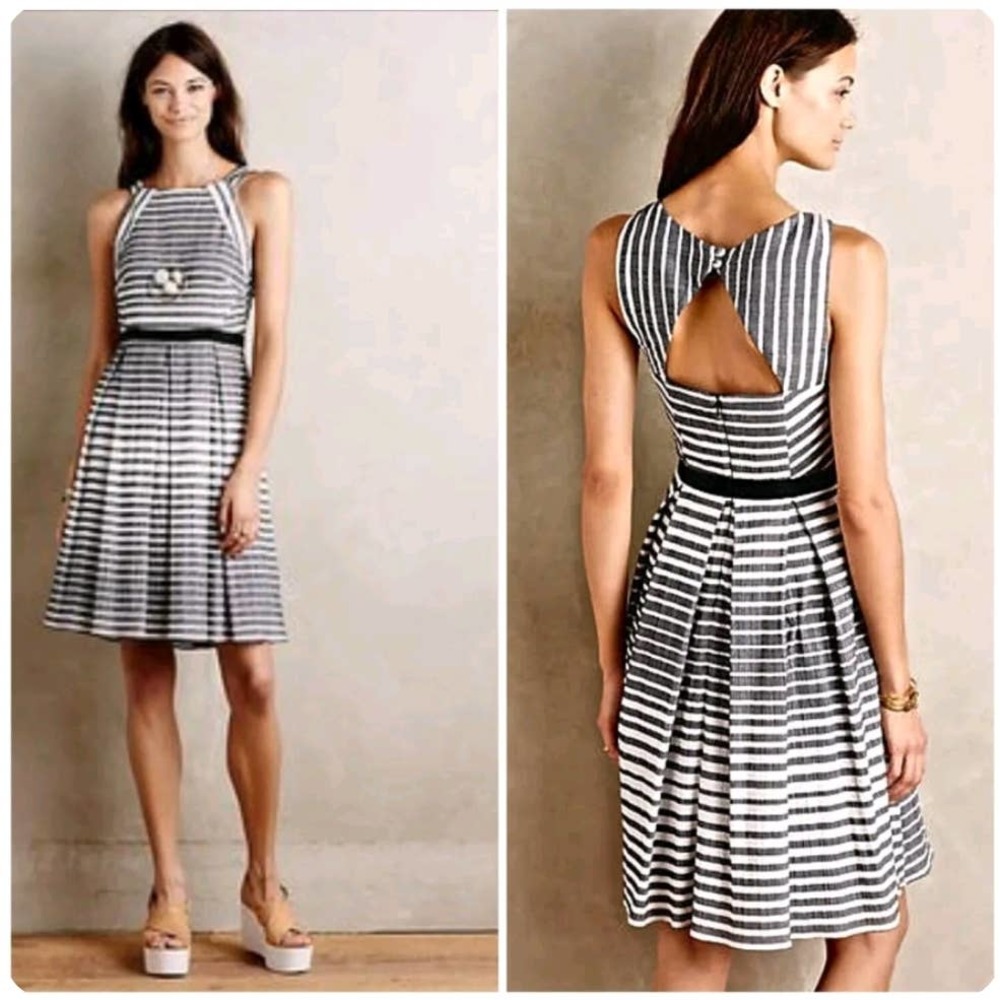 Eva Franco Saybrook Fit & Flare Dress Women 00P Striped Black White USA Cotton